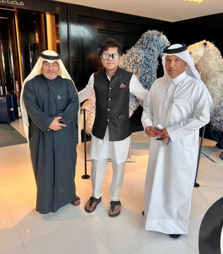Founder Chairman of WFPS, Mr. Sandy Shah, with Mr. A Mohammed and Mr. Y Al Muhamadi, at Doha Jewellery & Watches Exhibition and World Aquatics Doha, in Doha, Qatar.