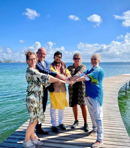 Founder Chairman of WFPS, Mr. Sandy Shah with Ms. Theresa Blegvad, (Fmr Member of Parliament), Ms Fanny Posselt, Ms Jette Kaee & Mr Claus Holm at the launch of ‘World Movement’ with Impaction in Aaarhus, Denmark.